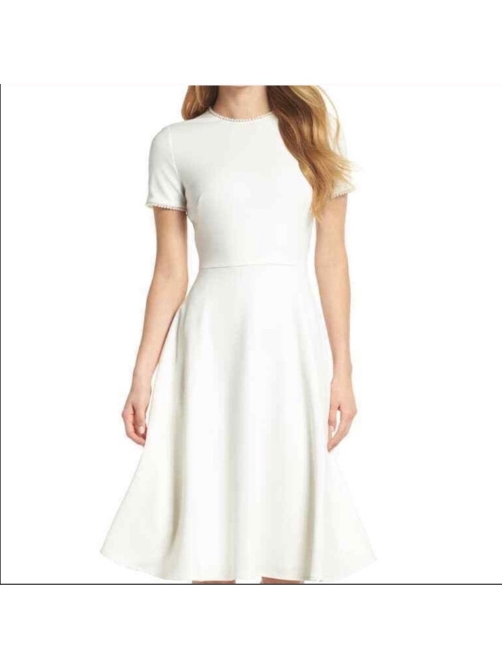 Gal Meets Glam Pearl Trim Classic White Short-Sleeve Fit & Flare Dress